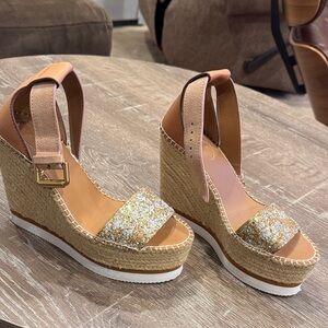 See By Chloe Tan and Gold Glitter Wedges